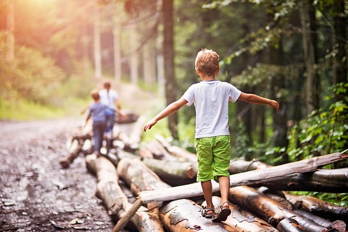 Child walking on logs behind parents who are about 50 feet ahead of it. Everyone is in the woods on a gravel logging trail. 