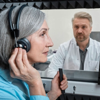 audiology patient completing hearing test